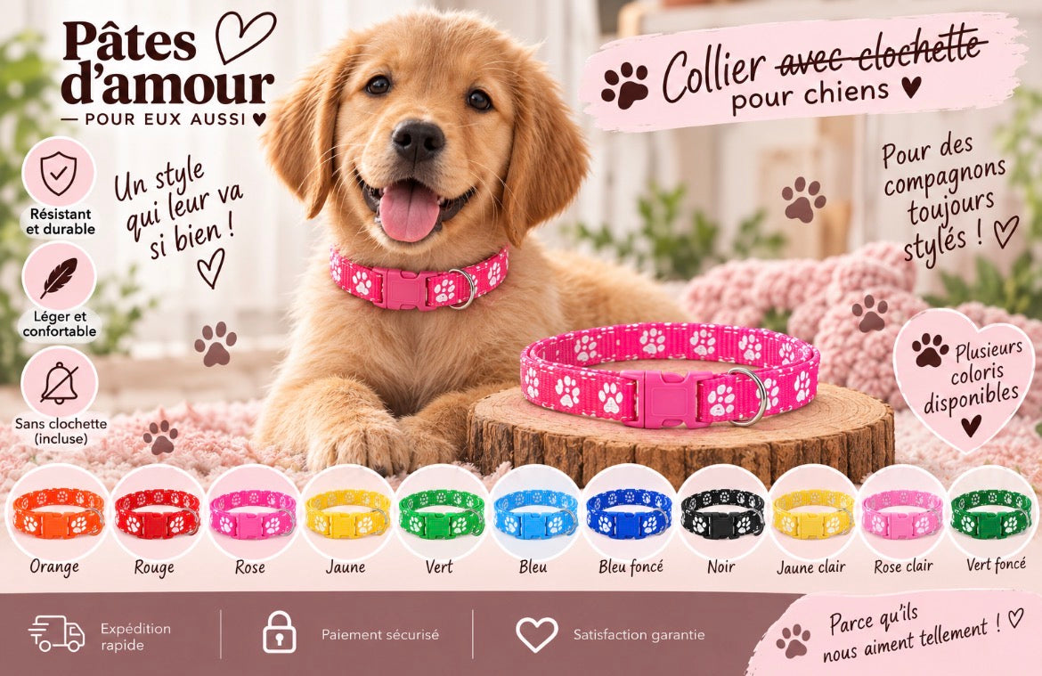 Collier pour chien réglable à motifs pattes – Plusieurs coloris
