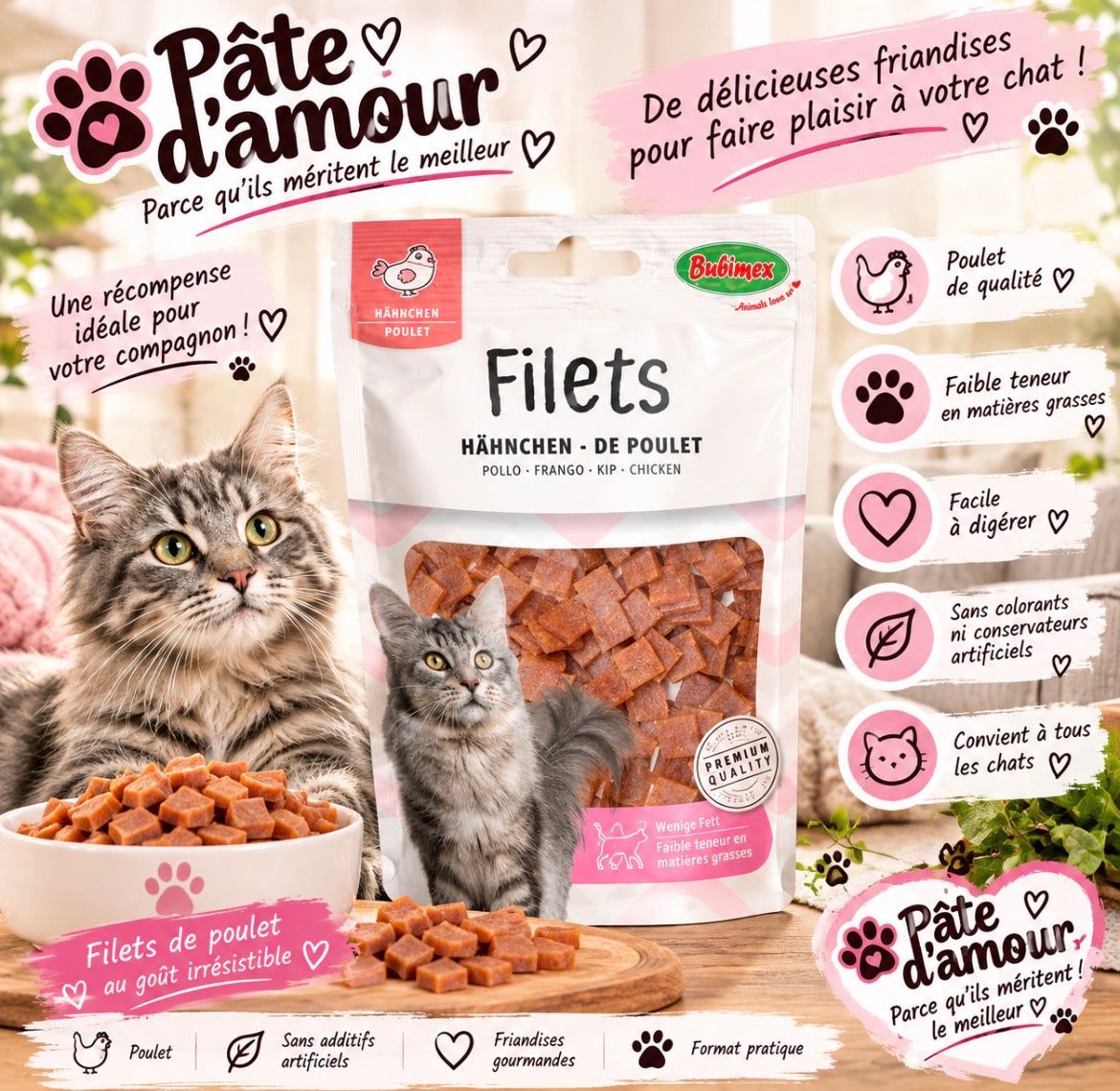 Filets de poulet pour chat – Friandises gourmandes Pâte d’amour
