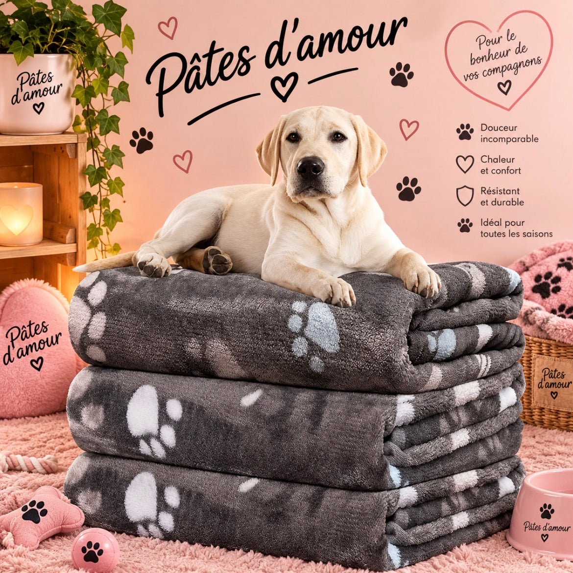 🐾 Plaid douillet pour chien – Pâtes d’amour 🐶💕