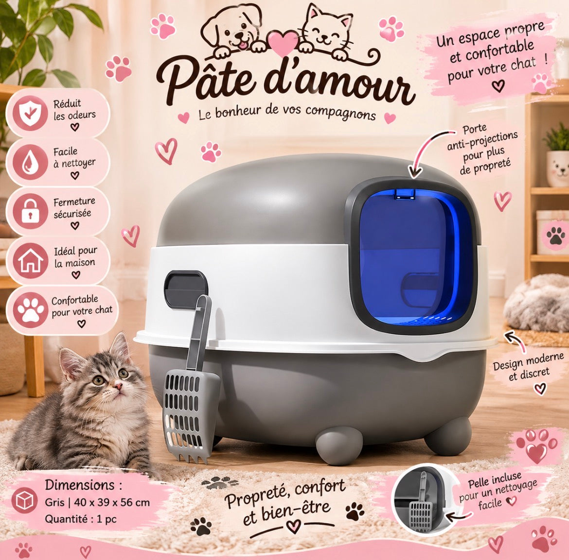 Maison de toilette pour chat avec porte battante – Gris