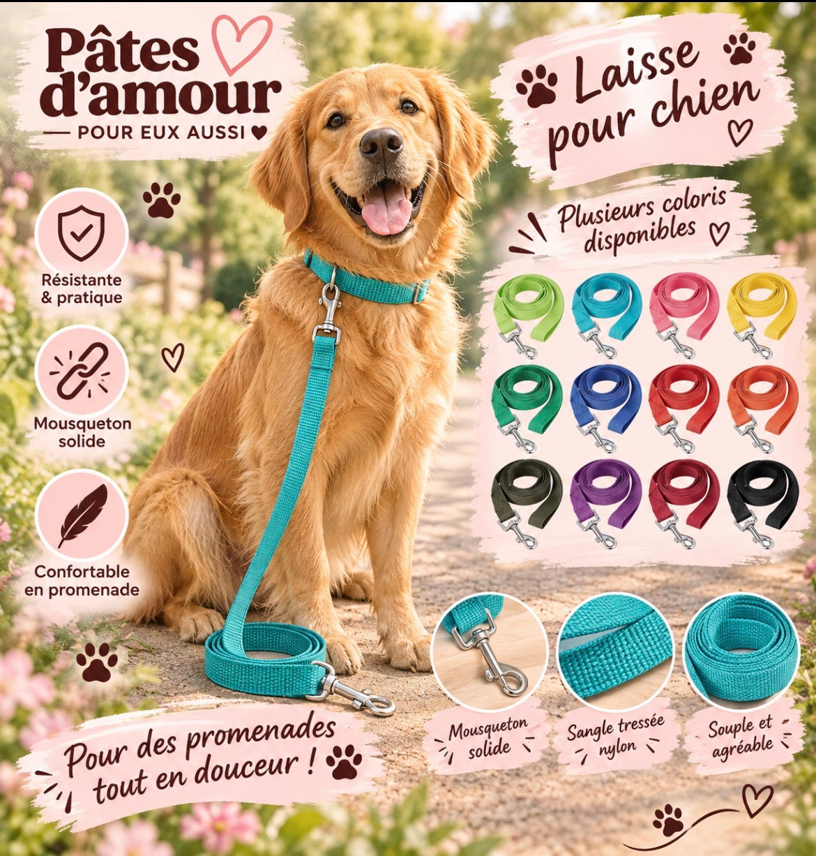 Laisse pour chien réglable – Plusieurs coloris – Solide & confortable