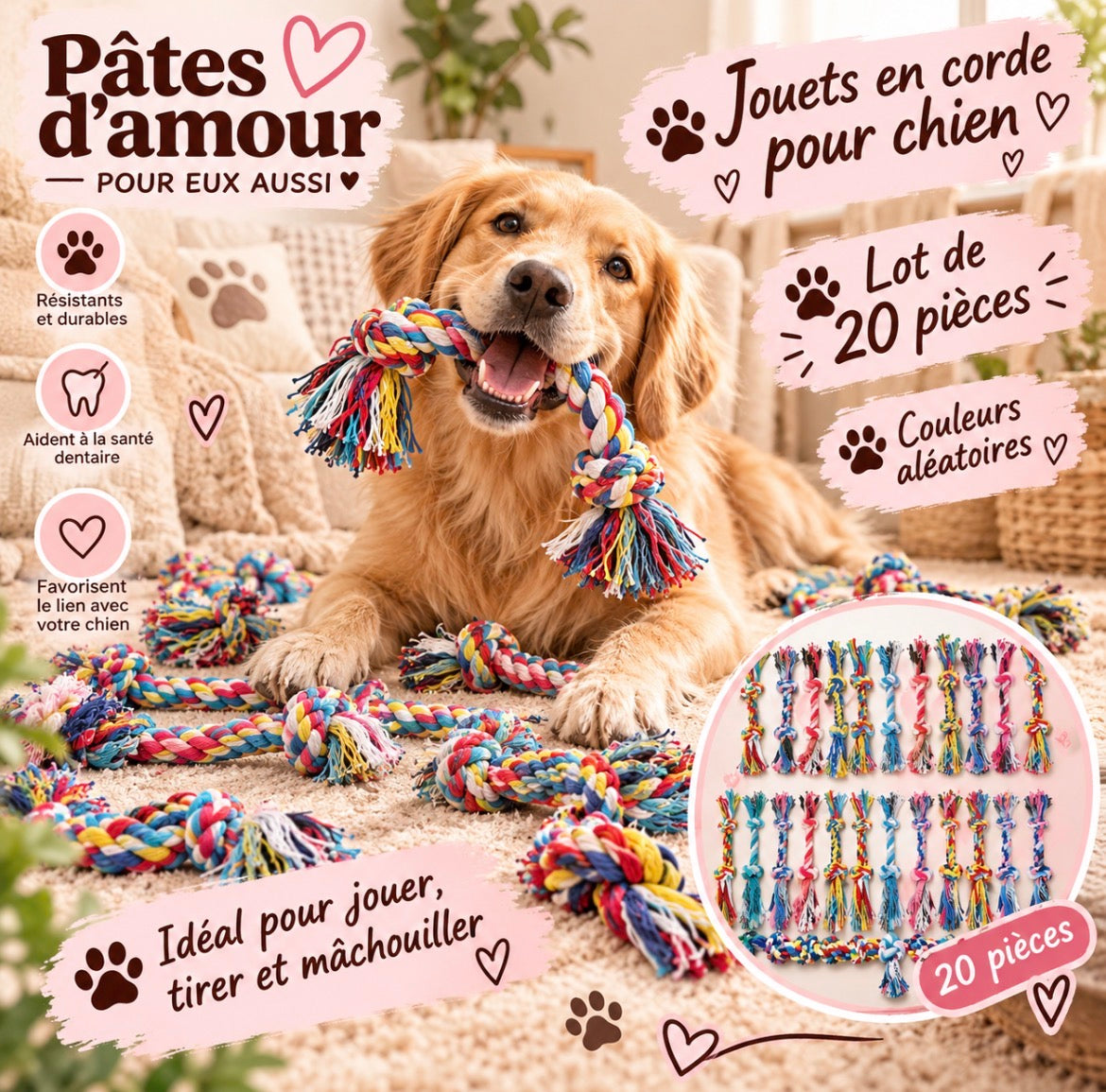 Jouets en corde pour chien – Lot de 20 pièces – Couleurs aléatoires
