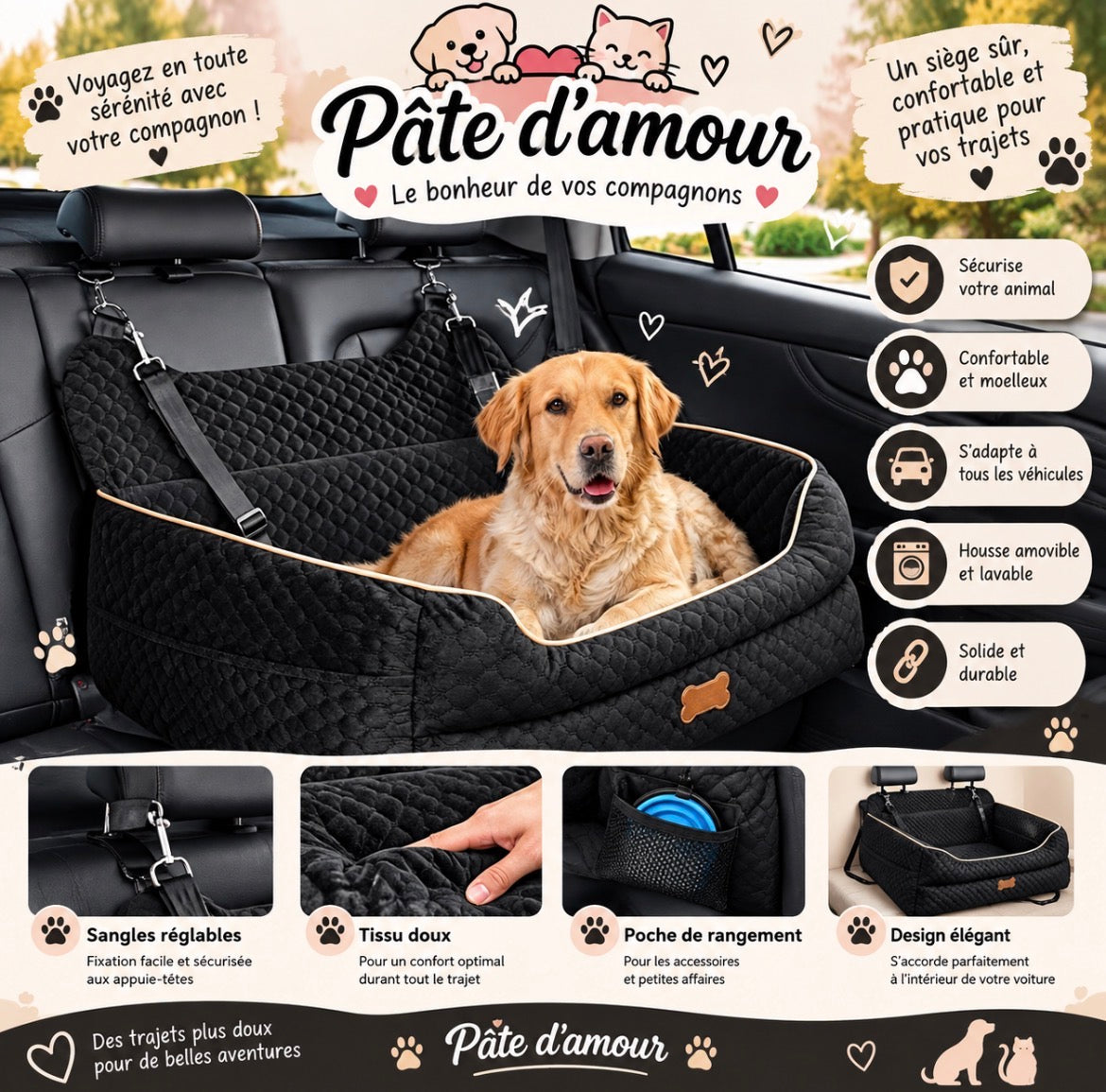 Siège auto confortable et sécurisé pour chien – Noir