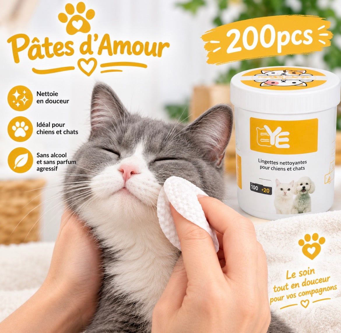🐾 Lingettes nettoyantes Pâtes d’Amour – 200 pièces 🐾