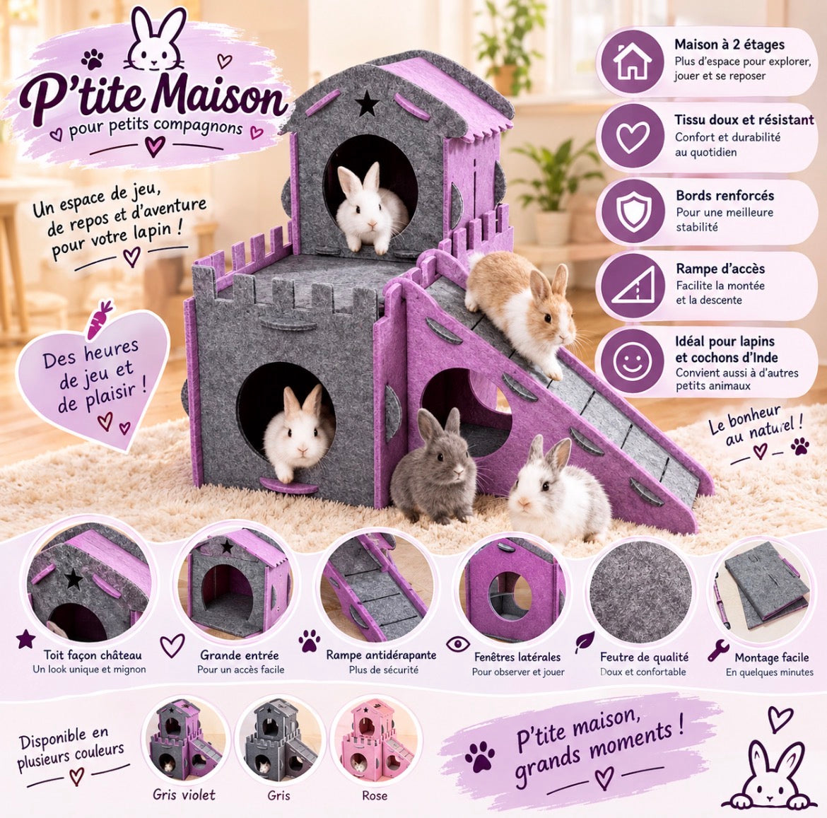 Maison Château pour Lapins avec Toboggan – Gris Violet