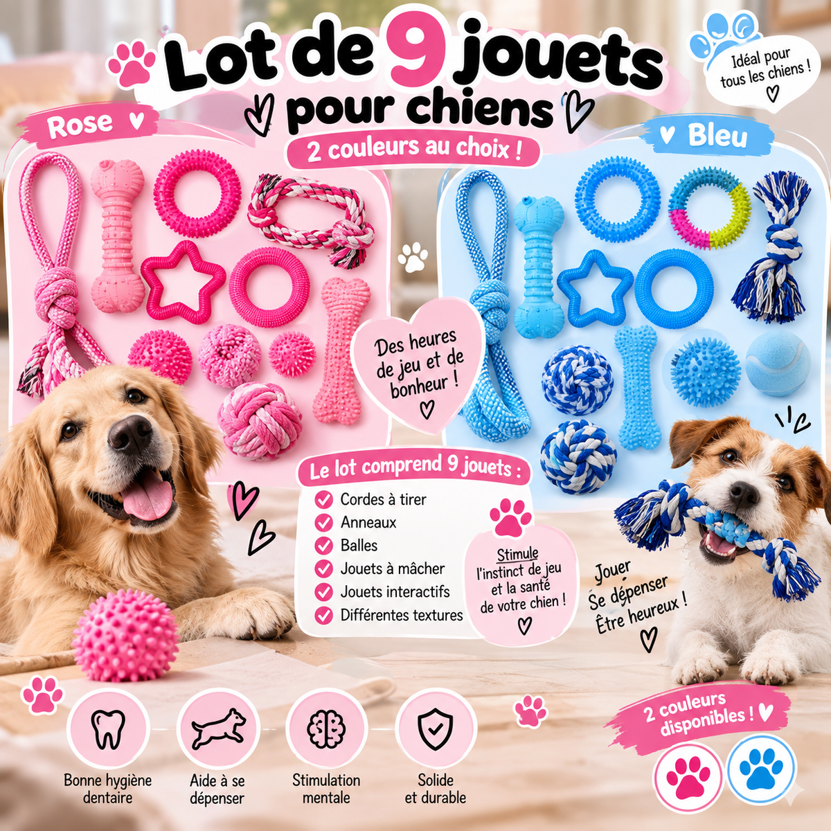 🐾 Lot de 9 Jouets pour Chiens – 2 Couleurs au choix