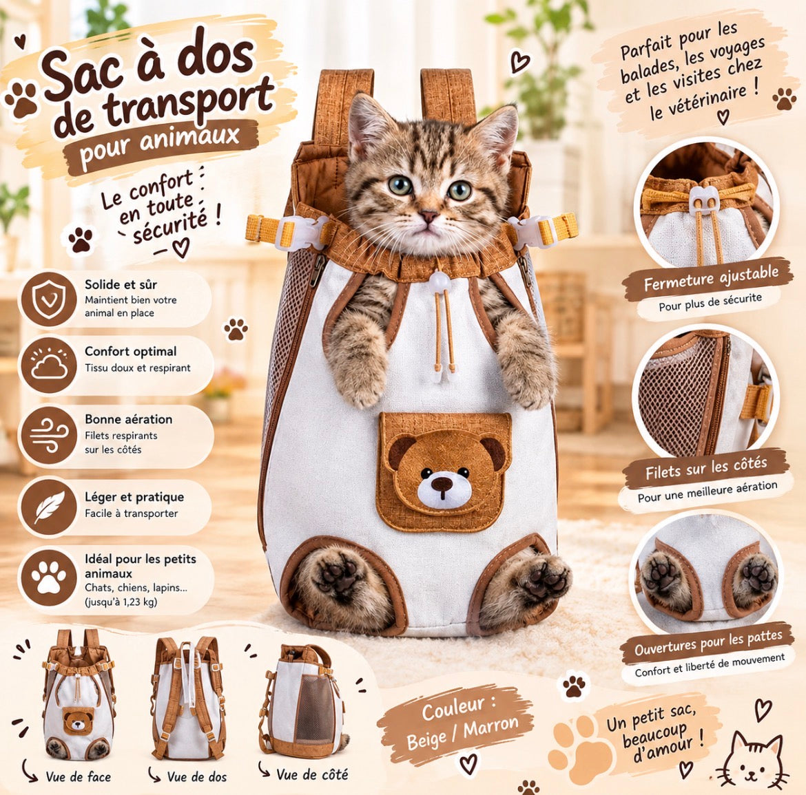 Sac à dos de transport pour animaux – Confort, sécurité et praticité 🐾