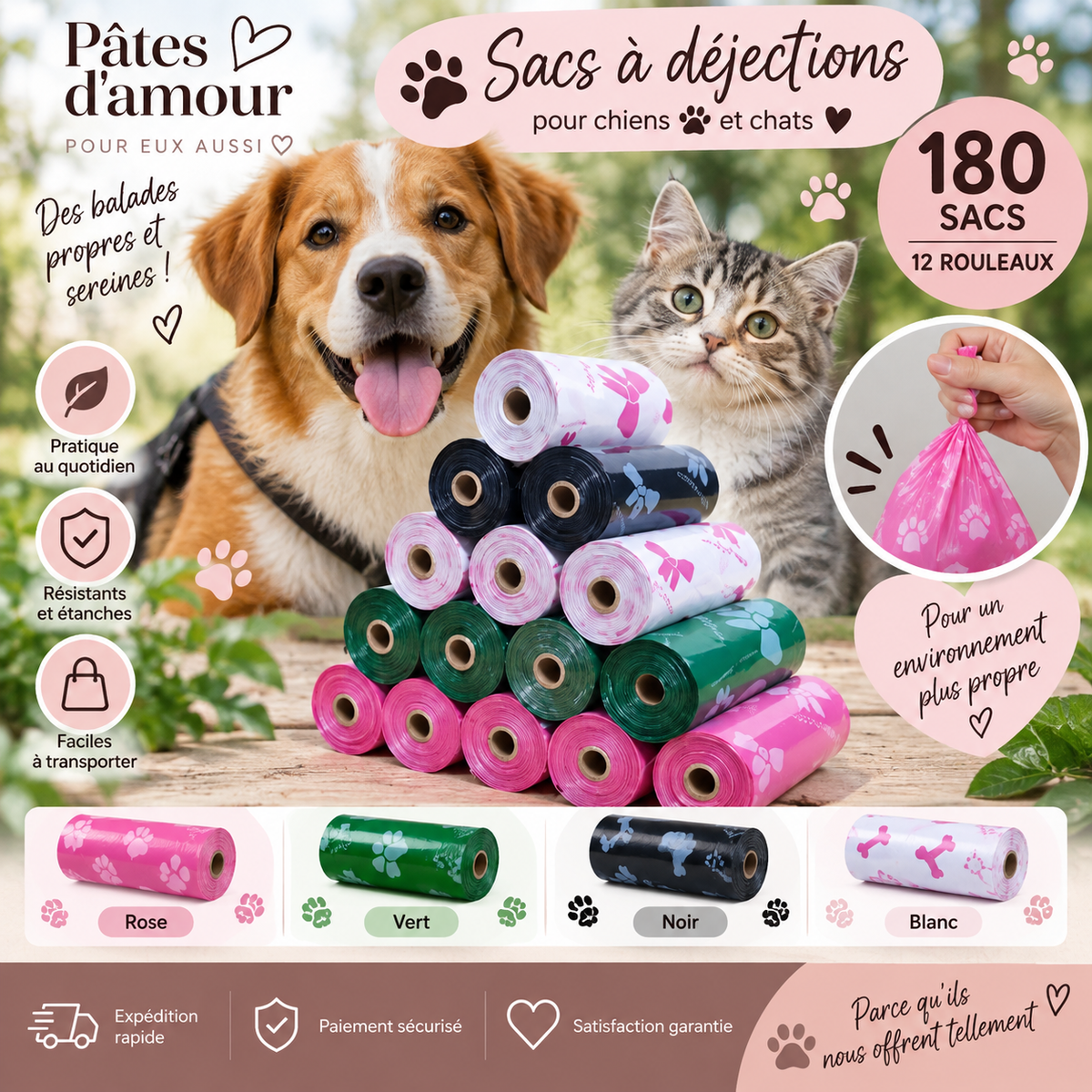 🐾 Sacs à Déjections pour Chiens – 180 Sacs / 12 Rouleaux