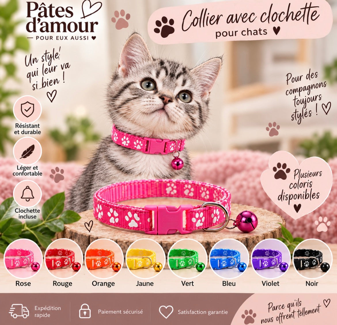 🐾 Collier pour Chats avec Clochette – Plusieurs Couleurs