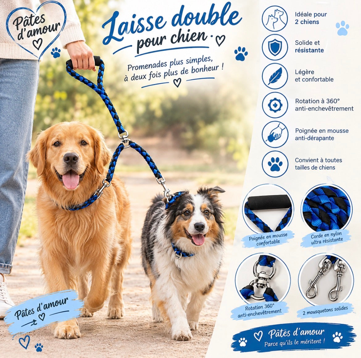 🐶💙 Laisse double pour chien – Pâtes d’amour 🐾
