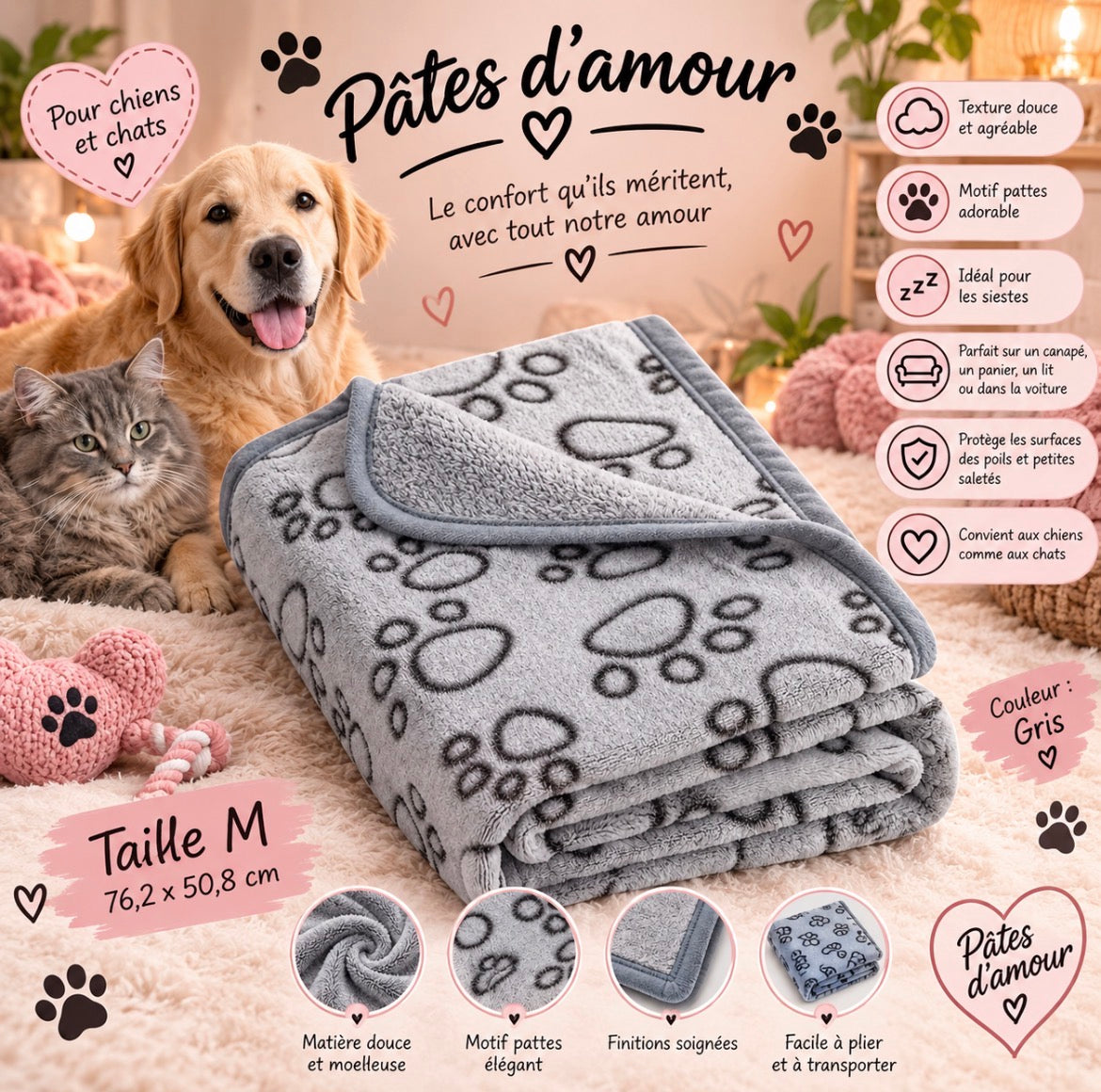 🐾 Plaid tout doux pour chien et chat – Pâtes d’amour 🐶🐱💕