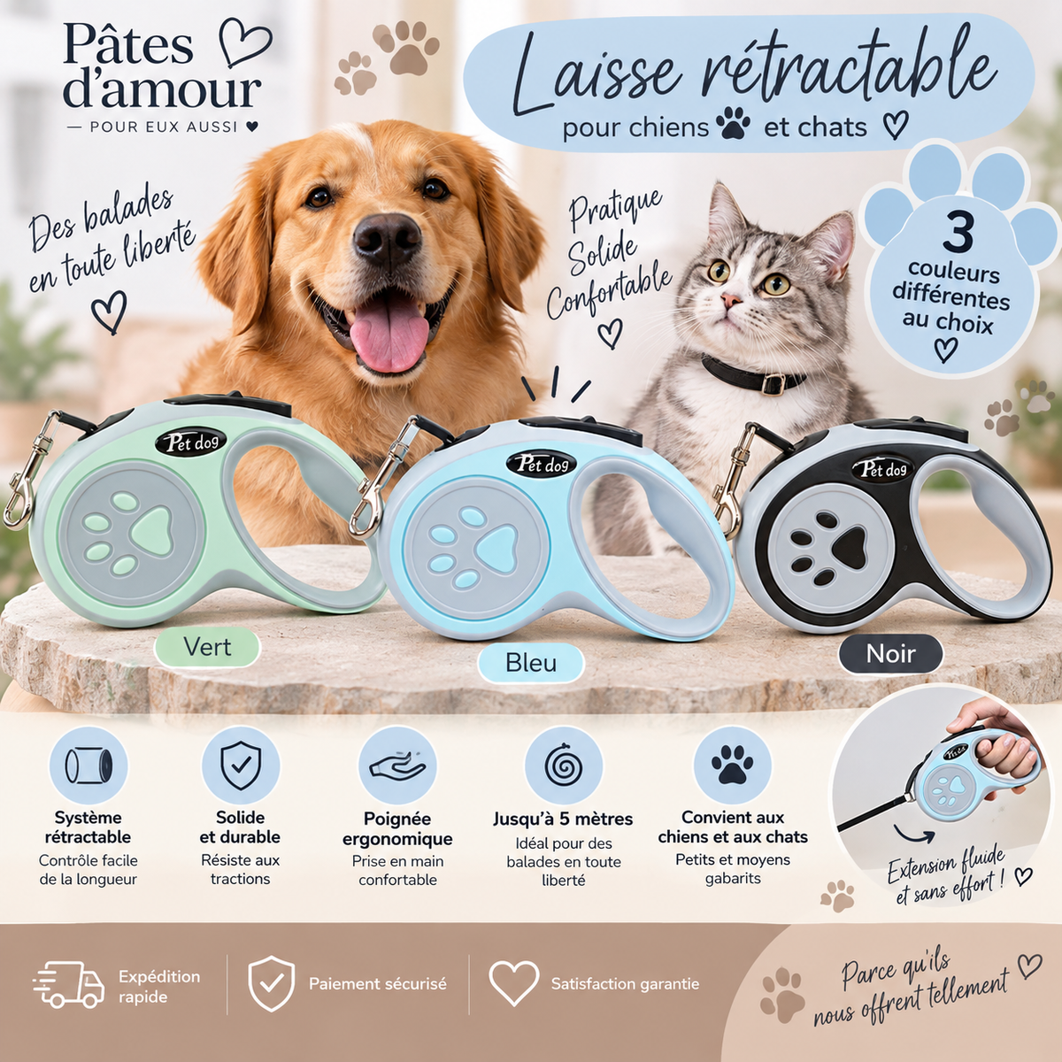 🐾 Laisse Rétractable pour Chiens & Chats – 3 Couleurs