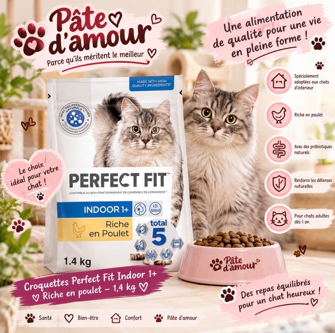 Perfect Fit Indoor 1+ – Croquettes pour chat riche en poulet – 1,4 kg