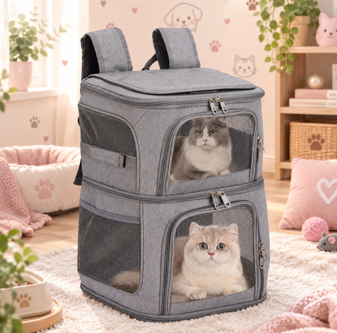 Sac à dos de transport 2 niveaux pour chats et petits animaux – Gris