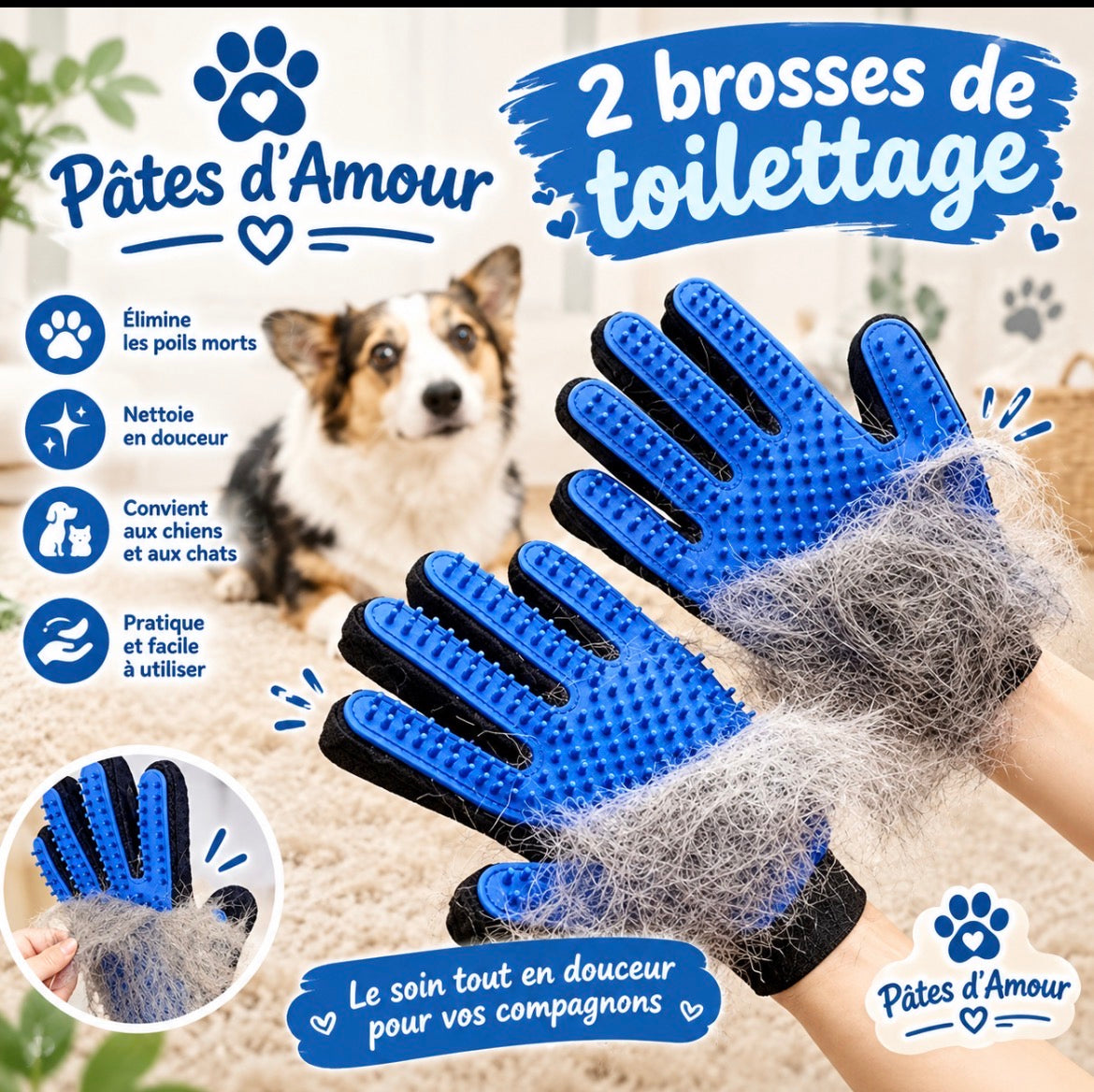 🐾 2 Brosses de Toilettage – Pâtes d’Amour 💙🐶🐱