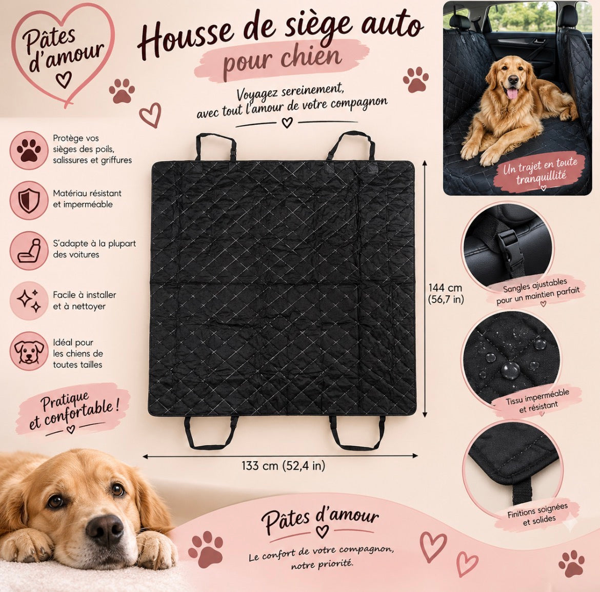 🚗🐶 Housse de protection pour siège de voiture – Pâtes d’amour 🐾💕