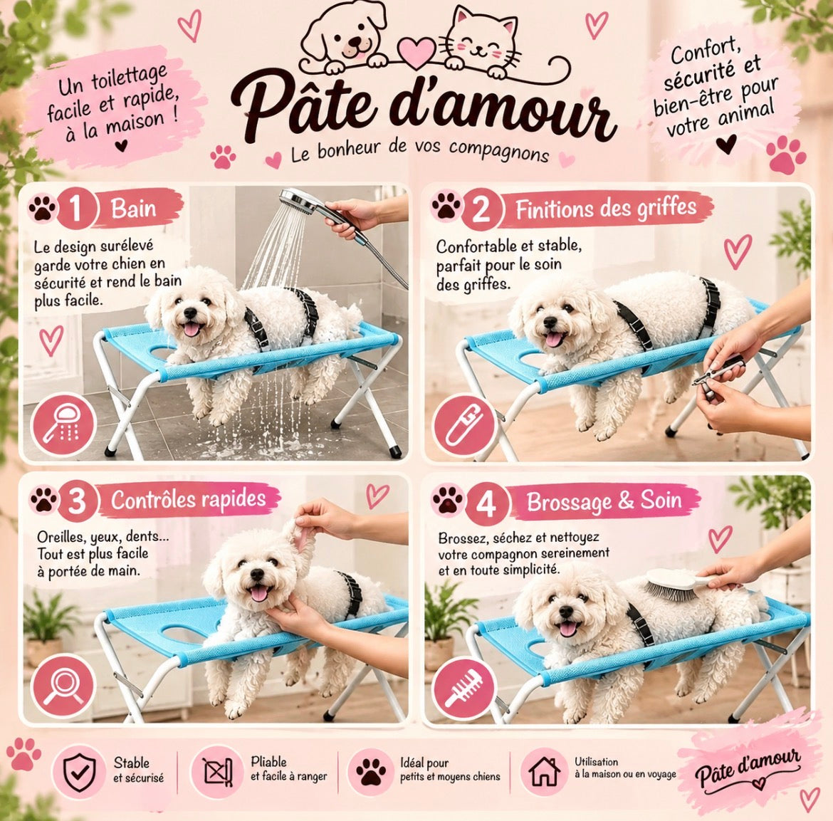 Table de toilettage pliable pour chiens – Pâte d’amour