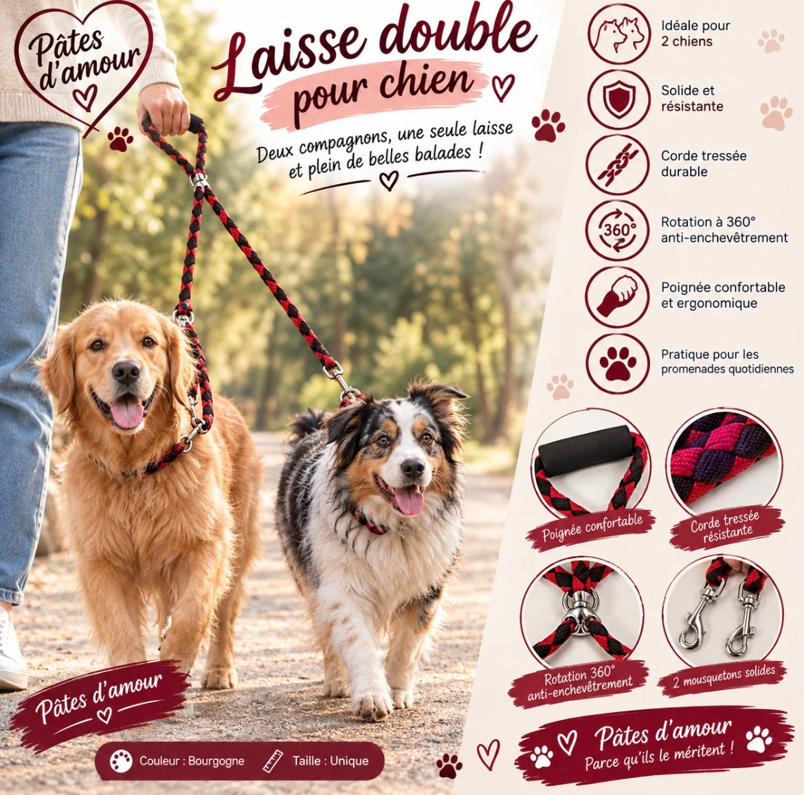🐶❤️ Laisse double pour chien – Pâtes d’amour 🐾