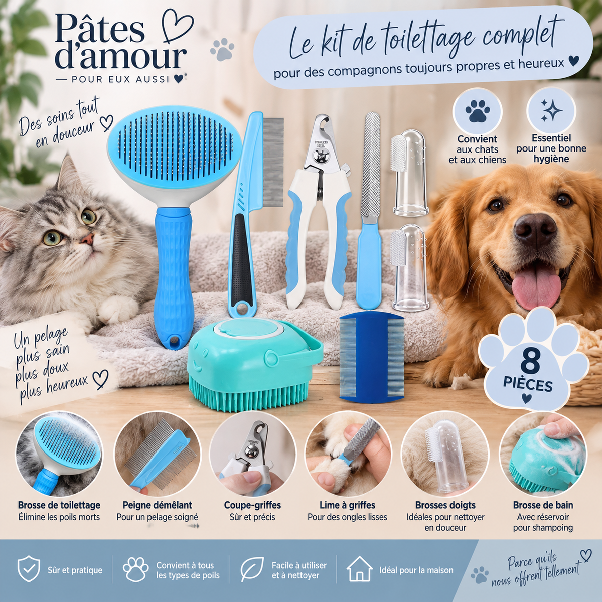 🐾 Kit de Toilettage 8 Pièces pour Chiens & Chats